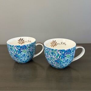 Set of 2 Lily Pulitzer 12 oz.  Hidden Lion Blue Floral Coffee Mugs